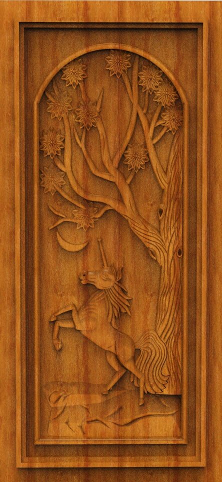 3D DOOR - OAK-57 Mythical Unicorn and Celestial Tree Relief Carving Design